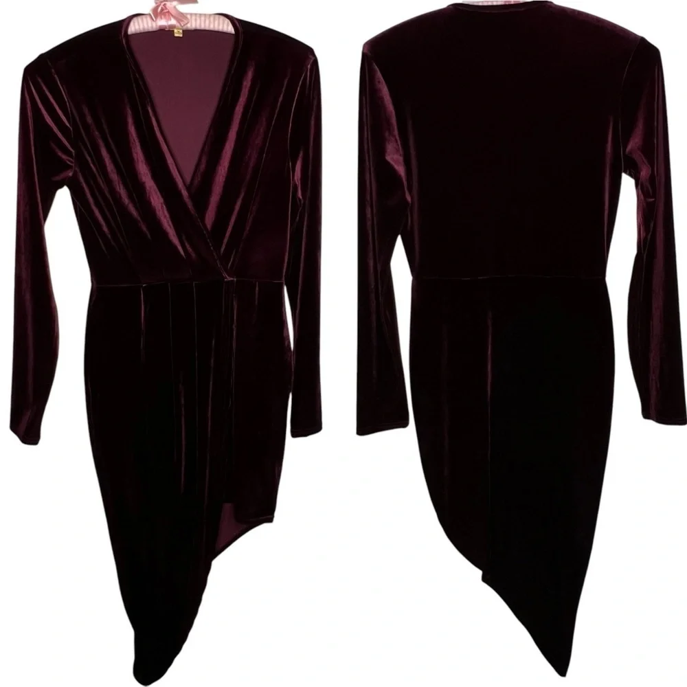 Shinestar Gold Velvet Long Sleeve V Neck Faux Wrap Dress Plum Hi Low Hem Size M